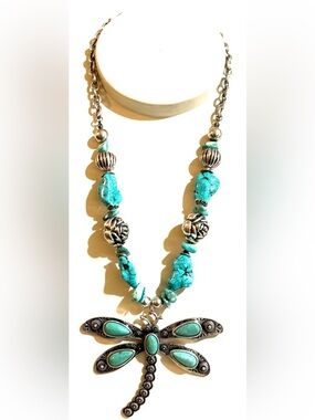 Turquoise Dragonfly Pendant Necklace with Silver Accents - Women Jewelry